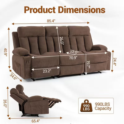 Bosmiller Recliner Sofa Set, 3 Seater Recliner Sofa, Manual Reclining Sofa Couch, Triple Recliner Sofa, Living Room, Home Theater, Small Spaces, Brown