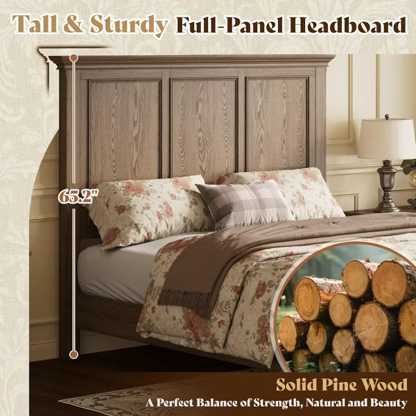 AMERLIFE Platform Bed Frame, Solid Wood with 65.2" Headboard, Heavy-Duty Slats, No Box Spring Required, Easy to Assemble