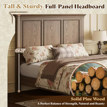 AMERLIFE Platform Bed Frame, Solid Wood with 65.2" Headboard, Heavy-Duty Slats, No Box Spring Required, Easy to Assemble
