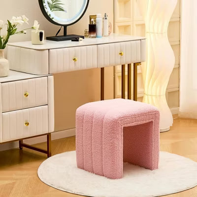 SEVOBAL Ottomans and Benches Upholstered Teddy Velvet U Shaped Vanity Stool Modern Footrest Bench for Living Room Bedroom, Pink, 42.00"*36.50"*42.00"