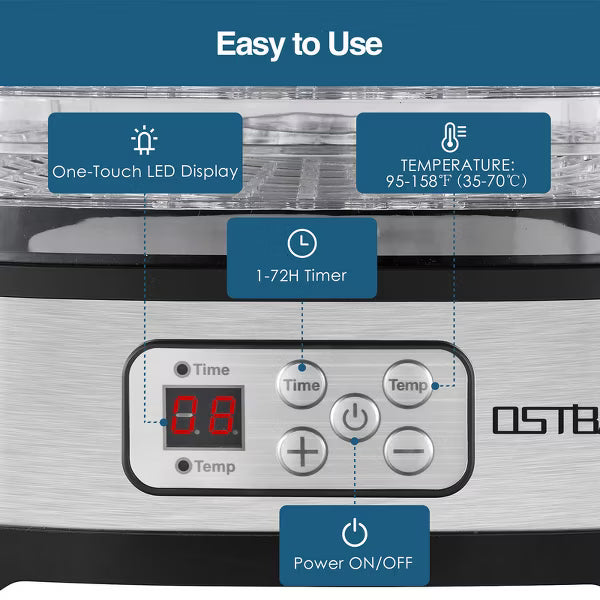 OSTBA 5-Tray Food Dehydrator, 240W, BPA-Free, Adjustable Temp, LED Display, Timer, Dishwasher Safe, for Jerky, Fruits, Herbs + Recipe Book