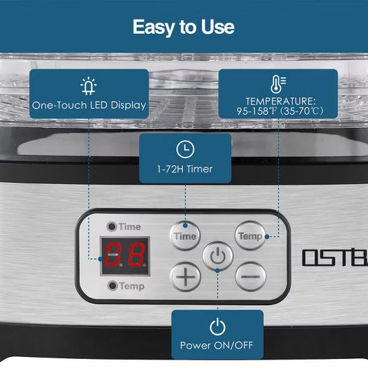 OSTBA 5-Tray Food Dehydrator, 240W, BPA-Free, Adjustable Temp, LED Display, Timer, Dishwasher Safe, for Jerky, Fruits, Herbs + Recipe Book