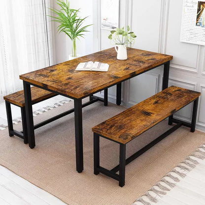 Hooseng 3-Piece Dining Table Set for 4, 43'' Dining Room Table Set with 2 Benches, Space-Saving Dinette Table for Kitchen, Dining Room