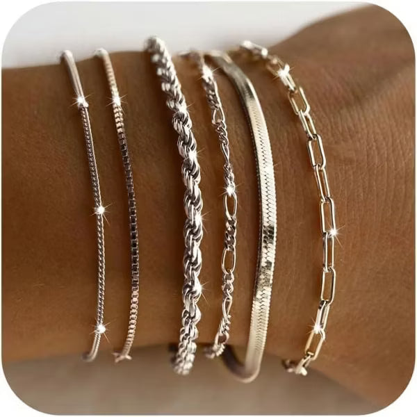 BRINJOY Exquisite 925 Silver-Plated Women's Bracelet Set Paperclip Box Herringbone Figaro Cord Chain Bracelet Fashion Set