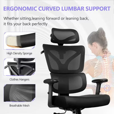 KERDOM Ergonomic High Back Mesh Office Chair, Mesh High Back Desk Chair with Adjustable Headrest, Lumbar Support, Reclining Function,Black