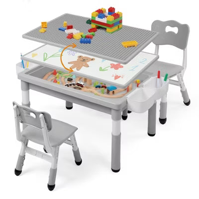 TODECARE Kids Height-Adjustable Table and 2 Chairs Set with Large Storage and Reversible Activity Desktop, Gray