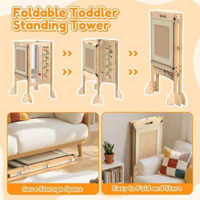 KOLIGEY Foldable Toddler Tower, Kitchen Stool Helper, Toddler Standing Tower for Kids with Safety Net, Adjustable Height