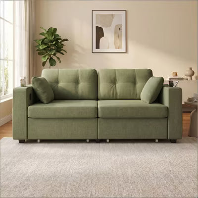 Convertible Sectional Sofa with Hidden Storage & Side Pockets, Comfy Fabric Sleeper Couch with Built-in USB Ports & Cup Holders for Small Spaces