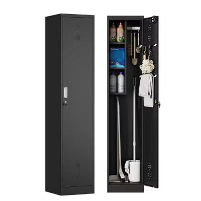 Mlezan Broom Closet Cabinet: Black Metal Storage for Brooms, Mops & Cleaning Supplies. Ideal for Garage, Laundry Room, or Bathroom Organization.