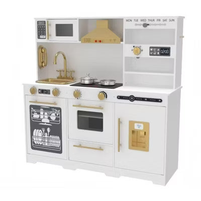 Kinder King Wooden Kids Play Kitchen, Toy Kitchen Playset for Toddler, Realistic Kitchen Sets w/s & Sounds, Gift for Boys Girls Age 3+, White
