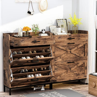 Hooseng Slim Wooden Shoe Cabinet with Drawers, Freestanding Shoe Organizer with Metal Legs for Entryway, Narrow Shoe Rack Storage Unit