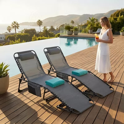 2-Pack Folding Chaise Lounge Chairs, 4-Position Adjustable Outdoor Reclining Pool Chairs with Headrest, Breathable Mesh Patio Lounger
