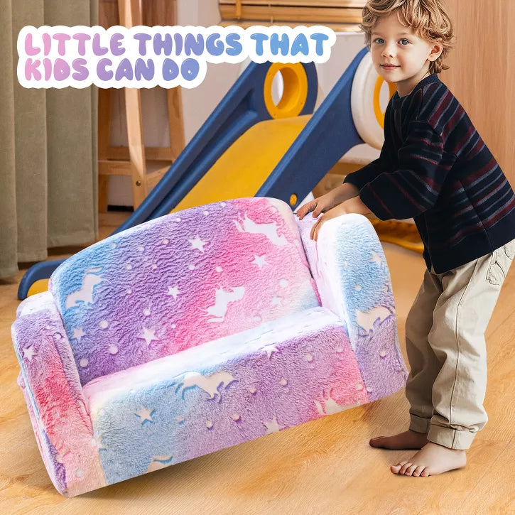 Hooseng Toddler Couch, 2-in-1 Glow-in-The-Dark Plush Kids Fold-Out Sofa, Convertible Kids Sofa to Lounger with Curved Armrests for Boys & Girls