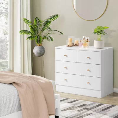 Resenkos 5 Drawer Dresser with Gold Handle, Nursery Dresser Chest Of Drawers Organizer, White