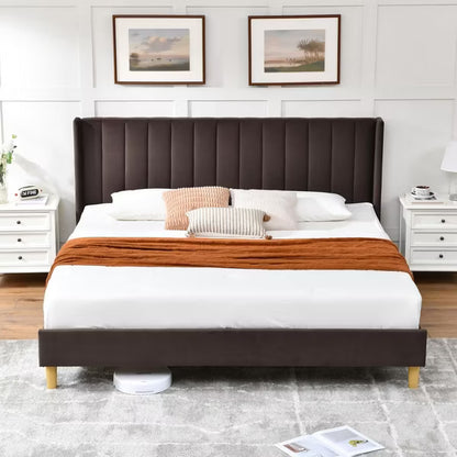 King Size Elegant Upholstered Platform Bed with Vertical Channel Tufted Headboard No Box Spring Needed Noise-Free Easy Assembly,Brown