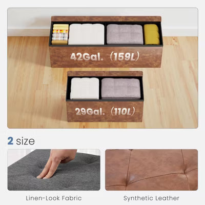 ELJGET 43" Folding Storage Ottoman Bench, 660 lb Load-Capacity Footrest Stool with Hidden Storage, Synthetic Leather Seat for Living Room, Brown