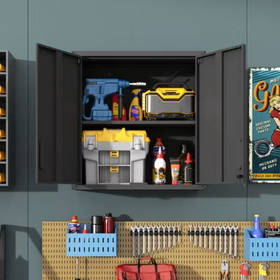 VIYET 30"H Wall-Mounted Metal Tool Storage Cabinet,2 Locking Doors+1 Adjustable Shelf+1 Open Drawer for Garage/Office/Warehouse (Black)
