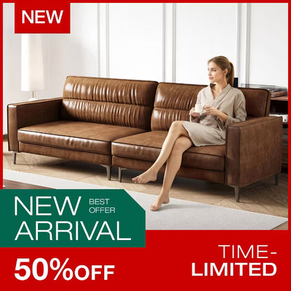 Luck Live Modern 86.61 inch Luxury Brown Oil Wax Leather Couch – High-End Vintage Sofa with Sturdy Frame and Cozy Feel.