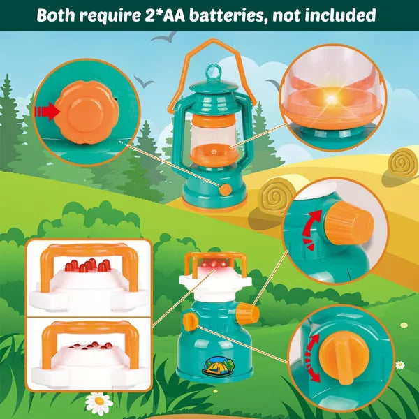 Kids Camping Set with Pop Up Play Tent Camping Toys with Battery Lantern and Drawstring Bag Indoor Outdoor Pretend Play, Christmas Birthday Gifts