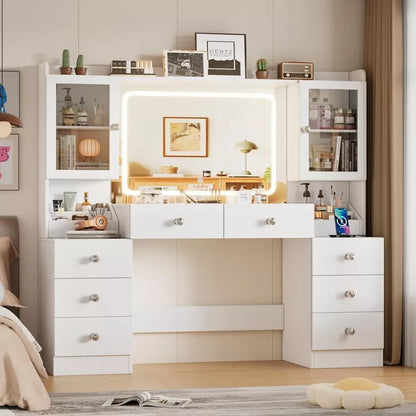 PAKASEPT 8 Drawers Vanity Desk, 55'' W Makeup Vanity with Power Outlet, Vanity Table with Mirror and Lights, 3 Lighting Modes, for Bedroom, White