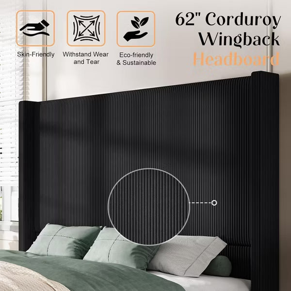 AMERLIFE Size 62" Corduroy Upholstered Bed Frame Extra Tall Wingback Headboard