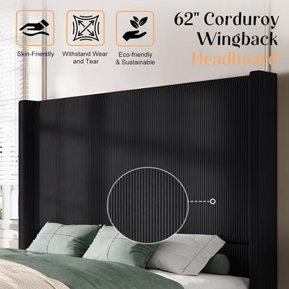 AMERLIFE Size 62" Corduroy Upholstered Bed Frame Extra Tall Wingback Headboard