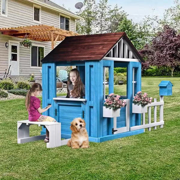 Wooden Kids Playhouse with Bench, Mailbox, Fence & Flower Pot Holder – Outdoor Backyard Cottage Play House, Gift for Boys Girls