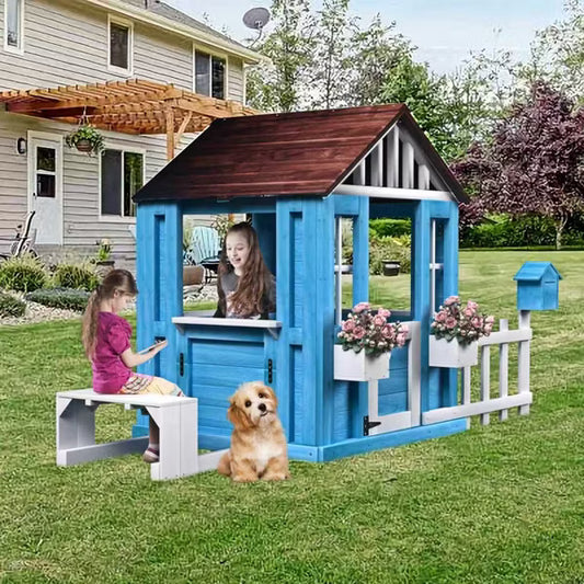 Wooden Kids Playhouse with Bench, Mailbox, Fence & Flower Pot Holder – Outdoor Backyard Cottage Play House, Gift for Boys Girls