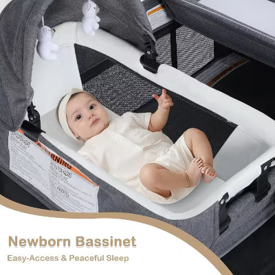 TODECARE 4 in 1 Baby Bassinet, Pack and Play, Convertible Bedside Crib Sleeper, Diaper Changer, Folded Portable Crib with Mattress and Mosquito Net