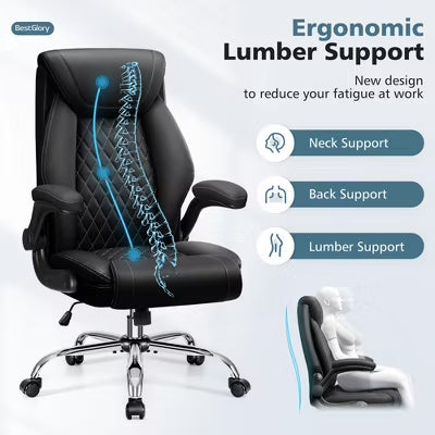 KERDOM Big and Tall Breathable Leather Office Chair with Lumbar Support Flip-Up Armrests, Black