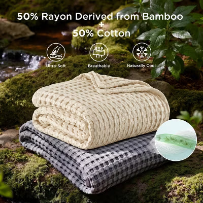 Bedsure Cooling Cotton Waffle King size Beige Blanket-Lightweight Breathable Blanket of Rayon Derived from Bamboo