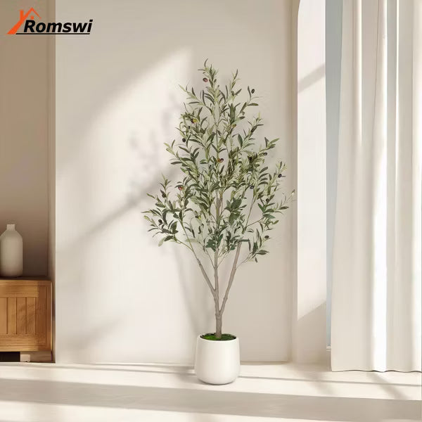 Romswi Olive Faux Tree, 5 ft Tall Artificial Olive Tree with White Tall Pot, with Natural Leaves Lifelike Fruits for Home Office Decor Indoor