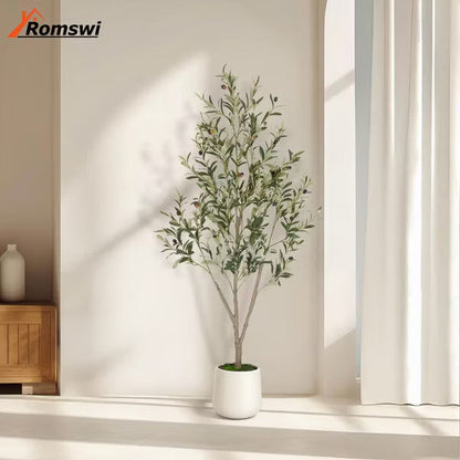 Romswi Olive Faux Tree, 5 ft Tall Artificial Olive Tree with White Tall Pot, with Natural Leaves Lifelike Fruits for Home Office Decor Indoor