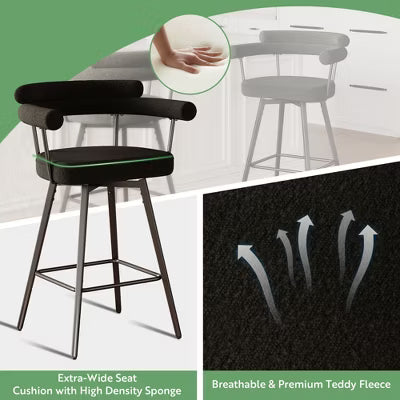 Set of 2 Modern Swivel Counter Height Bar Stools with Metal Legs and Boucle Fabric Backrest