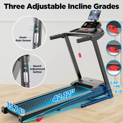 3HP Folding Electric Treadmill with Incline, App Control, Bluetooth Speaker & LED Display, 64 Programs