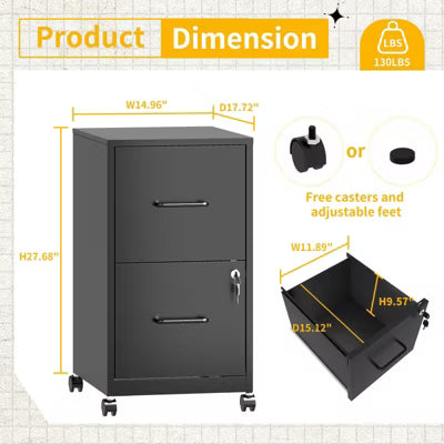 Munora - 2-Drawer Rolling File Cabinet with Lock - Mobile Storage for Letter/Legal/A4 Files - Black