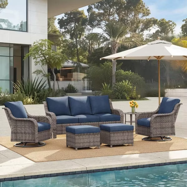 SUGOLD Hand Woven Wicker Patio Conversation Set with Blue Cushions