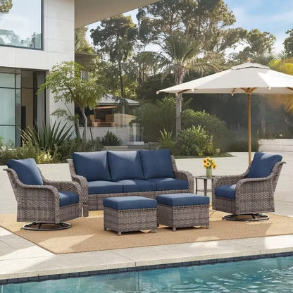 SUGOLD Hand Woven Wicker Patio Conversation Set with Blue Cushions