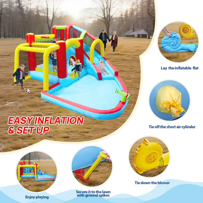 7 in1 Inflatable Kids Bounce House with Slide & Splash Pool, Outdoor Playground for Children, Climbing Wall, Basketball Football Hoop, Water Sprayer