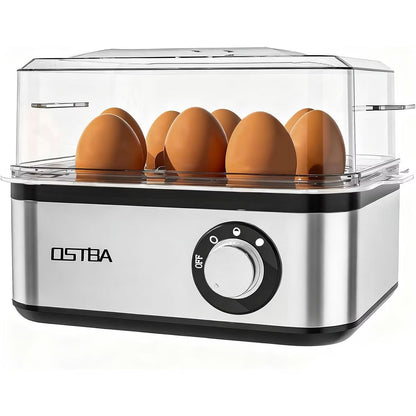 OSTBA 500W Stainless Steel Egg Cooker, 8-Egg Steamer with Timer, Buzzer & Auto Shut-Off, Includes Poaching Bowl