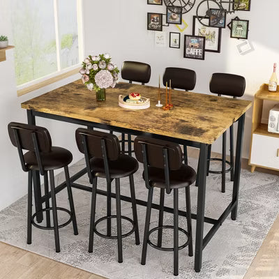 Hooseng Bar Table and Chairs Set of 7, Farmhouse Counter Height Pub Set for 6 Dining Table Set, Tall Dining with 6 PU Leather Chairs