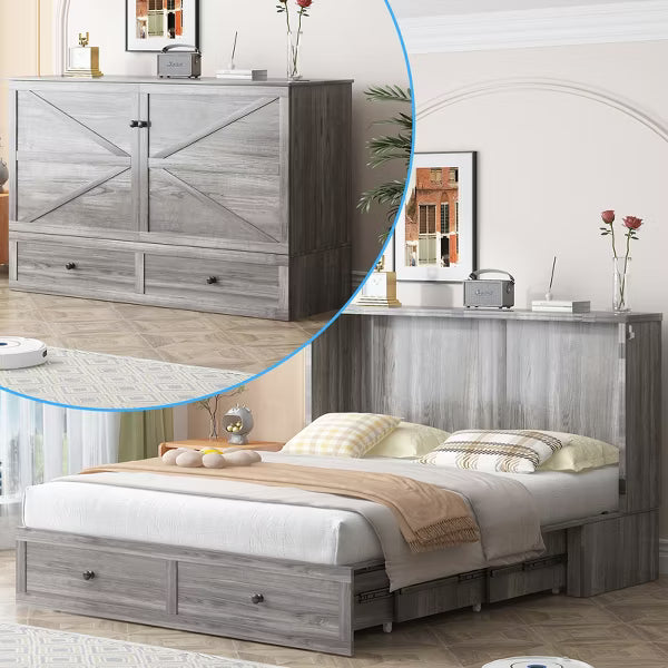 Mjkone Modern Full/Queen Size Murphy Bed Chest with Mattress and Storage