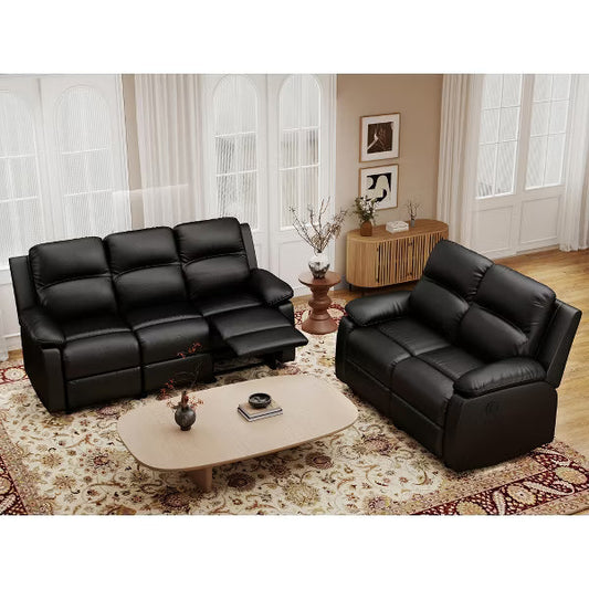 KERDOM 3-Seater Manual Recliner Sofa, PU Leather Reclining Couch, 3-Position Reclining Living Room Sofa，Black