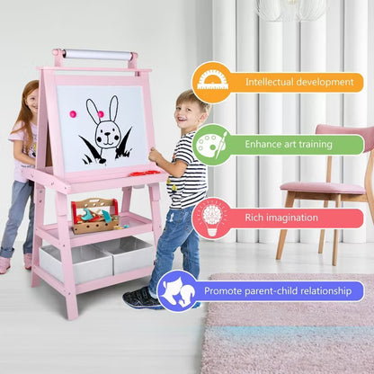 Kinder King 3 in 1 Kids Art Easel w/Storage Double-Sided Magnetic Whiteboard & Chalkboard Dry-Erase Board w/Paper Roller
