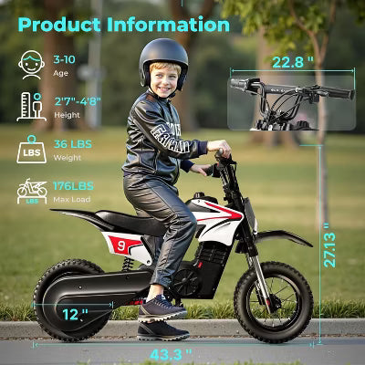 ECOLEAP K1 Kids Electric Dirt Bike 36V – 16MPH Fast, 14-Mile Range, 700W Peak Motor, 3-Speed Modes, 12" Off-Road Tires, UL,Ages 3-10,Red