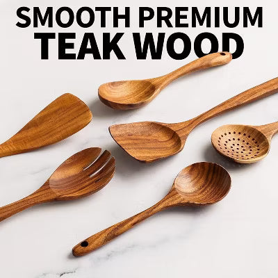 6-Piece Wooden Kitchen Utensil Set, Wooden Cooking Spoons and Serving Spoons for Nonstick Cookware