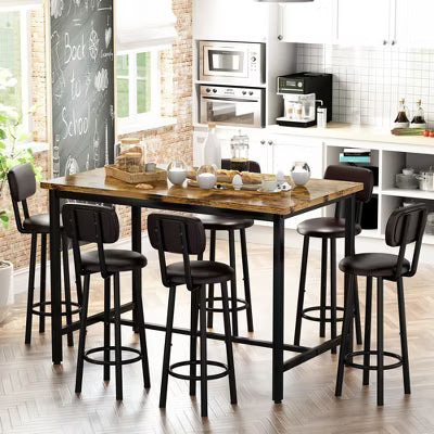 Hooseng Bar Table and Chairs Set of 7, Farmhouse Counter Height Pub Set for 6 Dining Table Set, Tall Dining with 6 PU Leather Chairs