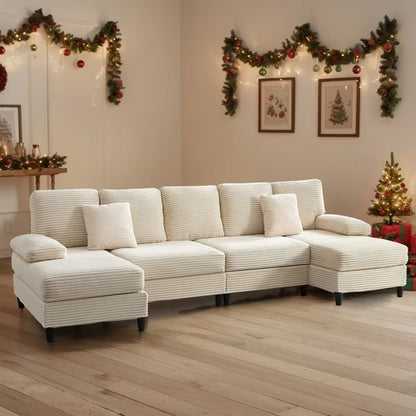 Mjkone 112" U Shaped Sectional Couches, Corduroy Sectional Sofa with Double Chaises and Sleepable Armrests, Large 4 Seater Sofa