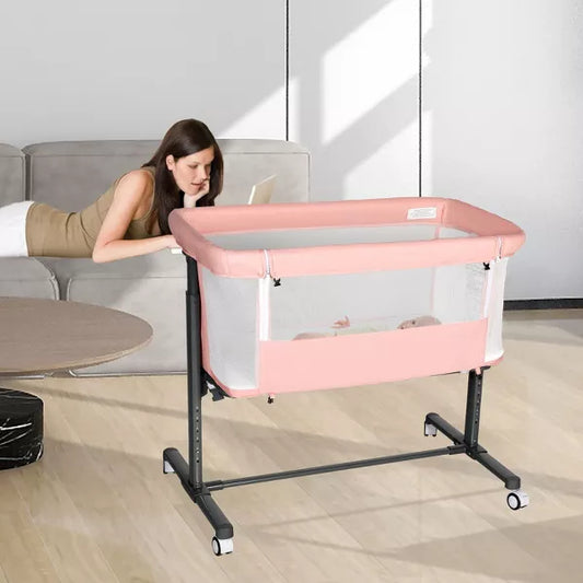 Kinder King Baby Folding Bassinet w/Wheels,Portable Newborn Bedside Sleeper All-Sided Mesh Infant Crib Removable Soft Mattress
