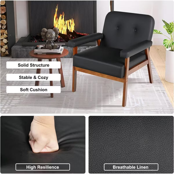 TYBOATLE Faux Leather Black Armchair Set of 2 with Wooden Frame, Upholstered Living Room Chairs Comfy Reading For Small Space